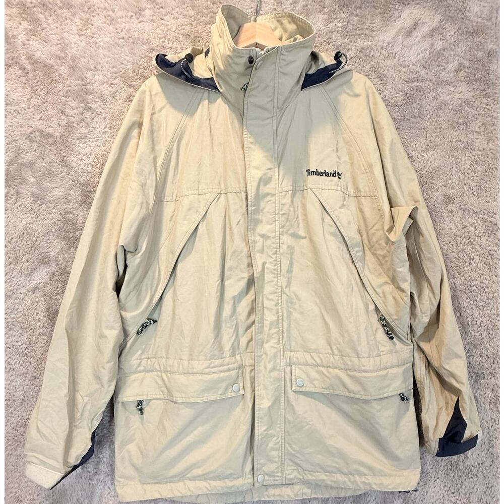 Vintage Timberland Rain Coat Jacket Raincoat Parka M Hood Tan Khaki Blue Y2K